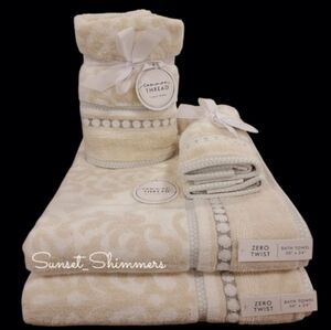 Common Thread 6pc Damask Bath Hand Tip Towel Set Tan Gray Zero Twist Cotton New